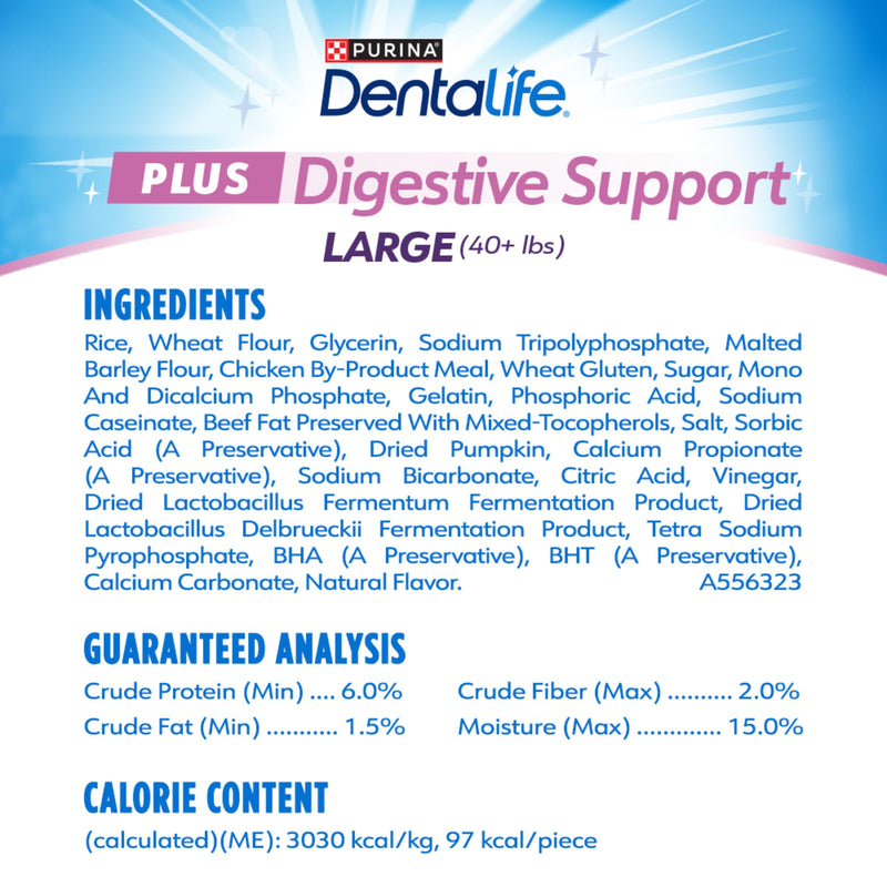 Dentalife Plus Digestive Support Dog Treats for Large Dogs 40 lbs. and up, Cleans Teeth, Freshens Breath, & Supports Healthy Gut, Chicken & Pumpkin Flavor, 7 oz., 6 Chews - 6 ct. Pouch (Pack of 2) 7 Ounce (Pack of 2)