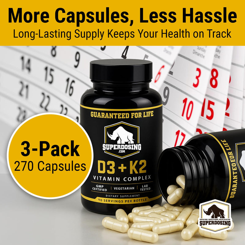 Best Value, Max Strength 10,000 iu Vitamin D3 and 1500 mcg Vitamin K2 Supplements 3 Bottle Pack. D3K2 Vitamins And Supplements For The Health. D3-K2 MK4 Capsules, Best K2D3 Vitamin for Immune System