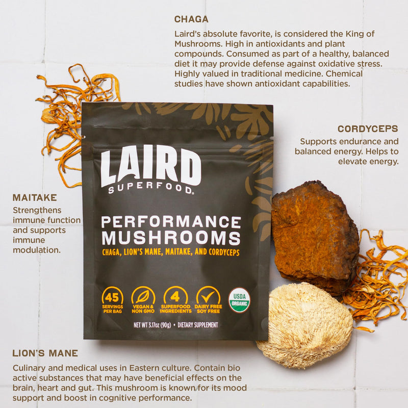 Laird Superfood Organic Performance Mushroom Blend with Chaga, Cordyceps, Lion's Mane and Maitake for Energy and Cognition, 3.17 oz. Bag, Pack of 1 Performance Mushrooms - BeesActive Australia