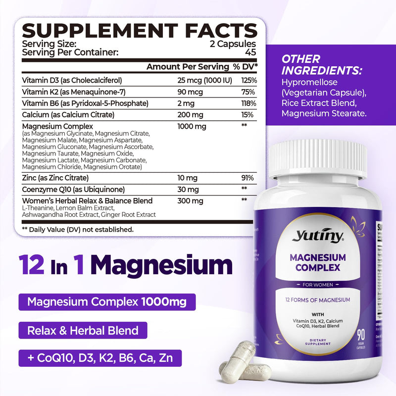 Magnesium Complex 1000mg for Women, 90 Count | 12 In 1 Magnesium Supplement with Glycinate Citrate Malate Taurate Vitamin D3 K2 Zinc Ashwagandha