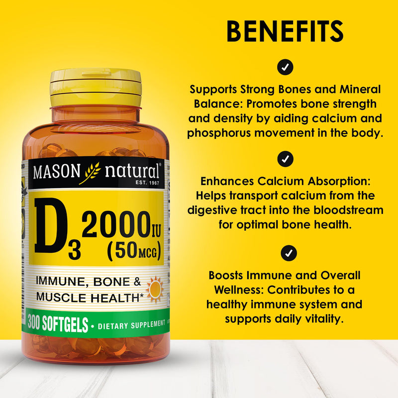 MASON NATURAL Vitamin D3 2,000 IU Ultra Strength, Supports Bone Density, Strength & Immune Health, 300 Softgels 300 Count (Pack of 1) 2000 IU