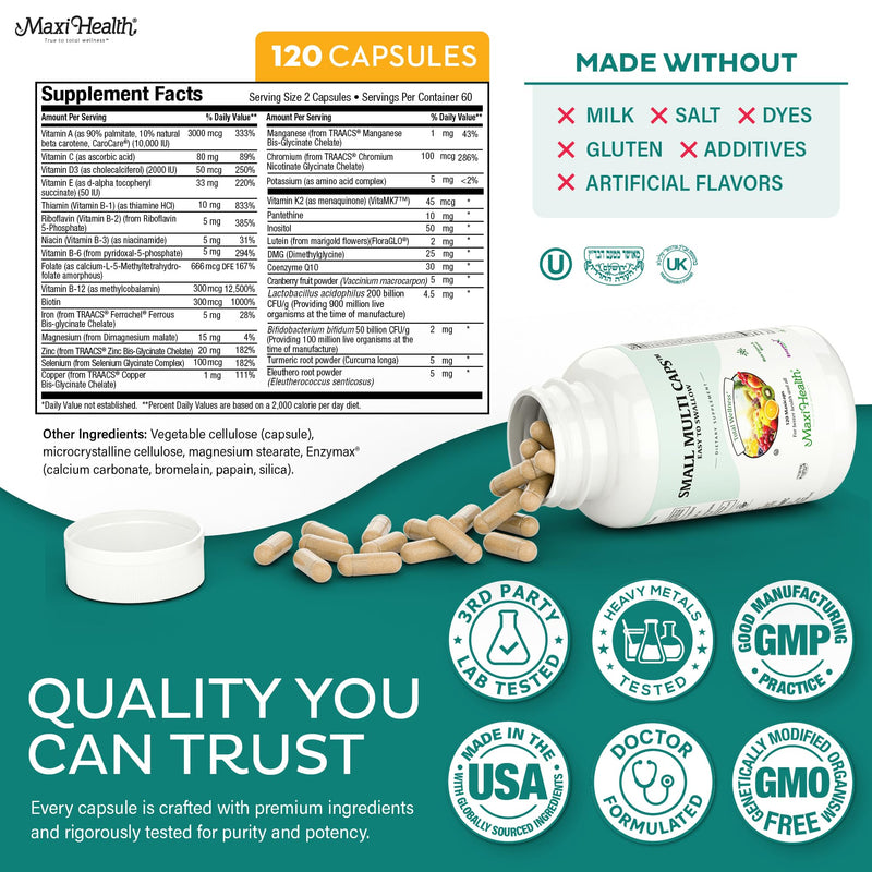 Maxi Health Multivitamin – Easy to Swallow Multi Vitamin Capsules with 30 Nutrients, Iron & Probiotics – Kosher Daily Multivitamins Small Capsules for Wellness Support & Digestive Ease (120 Units) 120 Count (Pack of 1) Unflavored