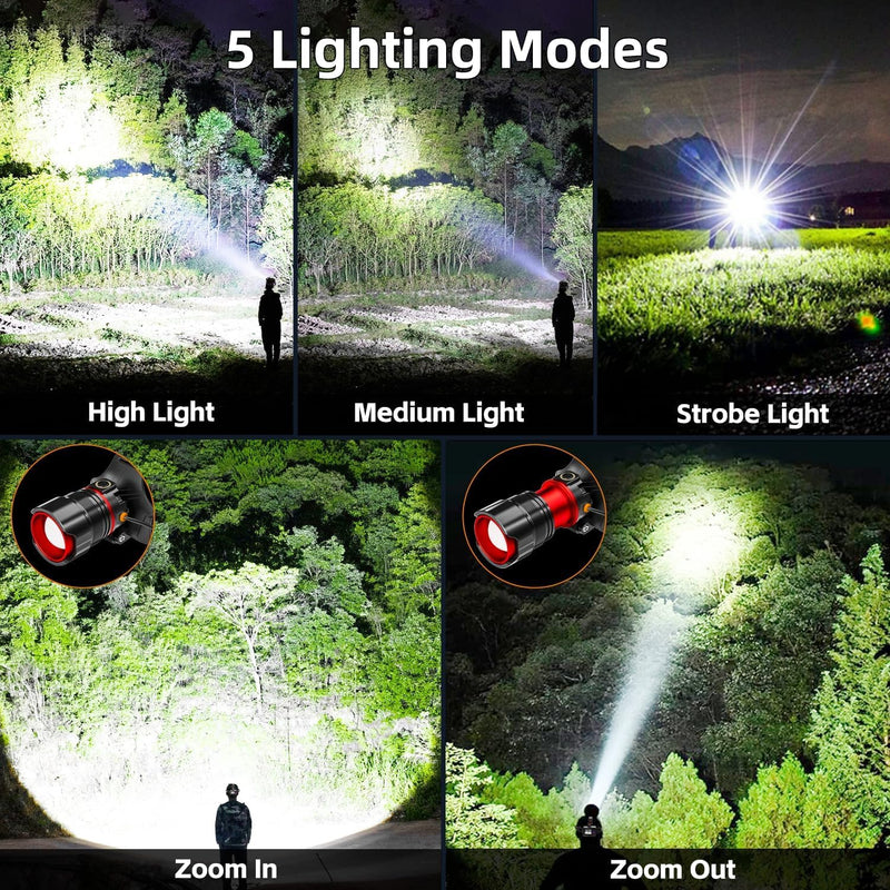 Rechargeable LED Headlamp 99000 High Lumens, Super Bright with 12 Modes & IPX7 Level Waterproof USB Rechargeable Zoom Headlamp, 125° Adjustable for Outdoor Camping, Running, Cycling, Climbing, Home