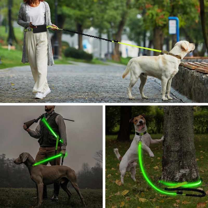 LED Hands Free Dog Leash, Waist Leash for Dog Walking, Retractable Bungee Light Up Dog Leash, LED Handless Dog Running Leash, Reflective Running Leash for Jogging Training Hiking (Green) Green
