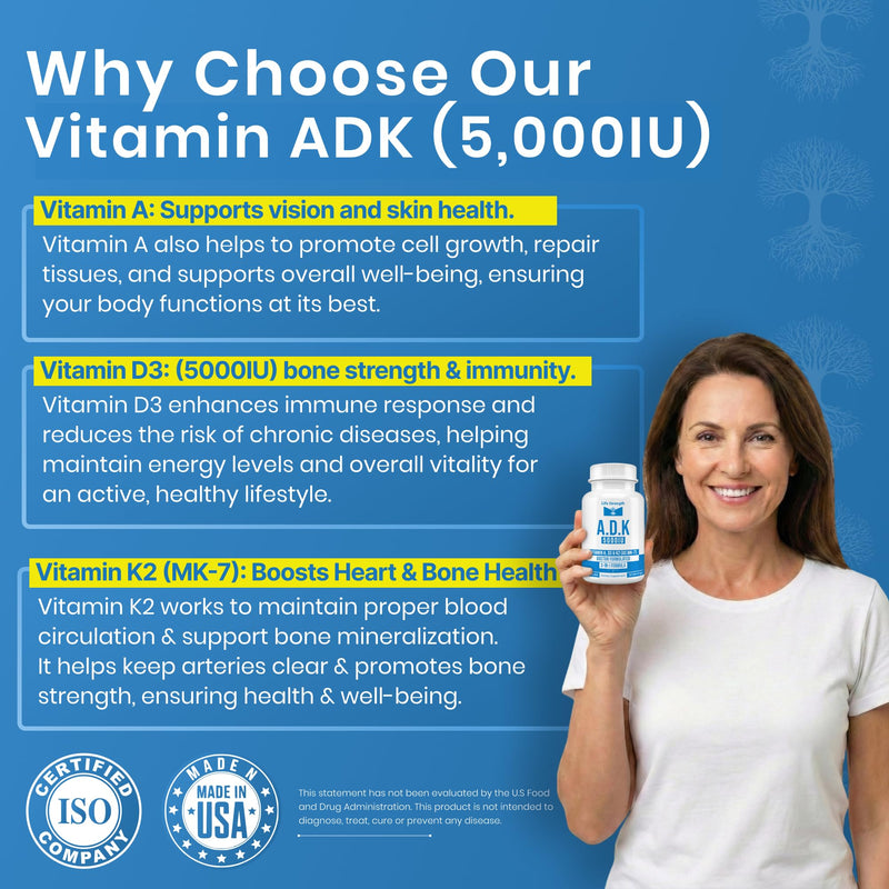 ADK 5 - ADK Vitamin Supplement - High Potency Vitamin A, D3 5,000 IU & K2 (MK-7) for Healthy Bone, Heart & Immune Support - Non-GMO, Gluten Free 90 Capsules (3-Month Supply) Pack of 1