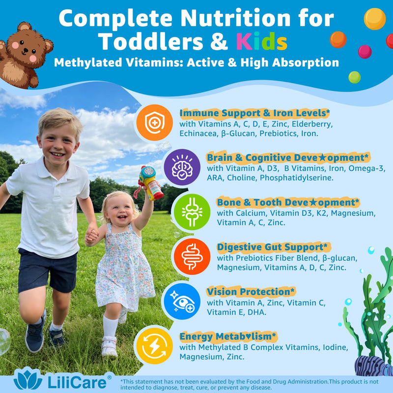 Toddler 2-3 & Kids 4+ Multivitamin Gummies w/ Iron, Omega-3, ARA, Calcium, Prebiotic, Methylated Picky Eater Vitamins for Kids 2+ Growth & Development | Vitamin C, D3 K2, B12, Methylfolate, Sugar Free 60 Count (Pack of 1)
