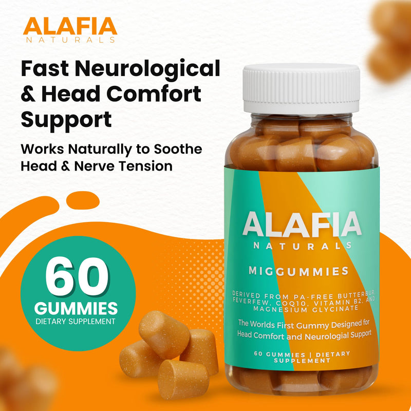Alafia Naturals Miggummies - World's First Cranial Comfort and Support Gummy - Magnesium Glycinate, Butterbur, Feverfew, CoQ10, Vitamin B2 400mg Riboflavin 400mg 60ct