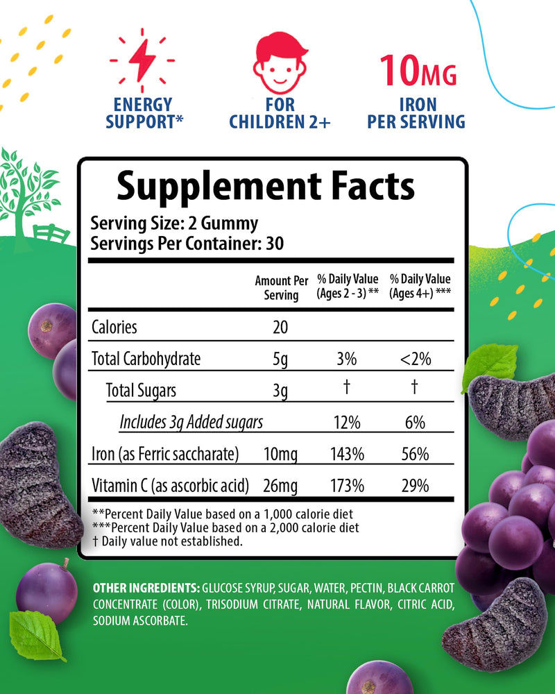 SUNNY SAM Iron Gummies for Kids & Teens - 10mg Vitamins with Vitamin C - Low-Sugar Chewable Iron Gummy Supplement for Immune Support, Supports Red Blood Cell Production for Children & Teen Girls 60 Count (Pack of 2)