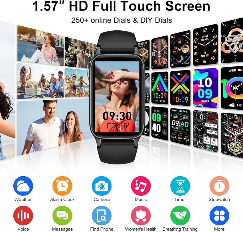 Smart Watch for Men Women(Answer/Make Call), 2026 Fitness Activity Tracker 1.57” Smartwatch with Heart Rate/Sleep Monitor/Pedometer/Calories/110+ Sports, IP68 Waterproof Fitness Watch for Android iOS Black - BeesActive Australia