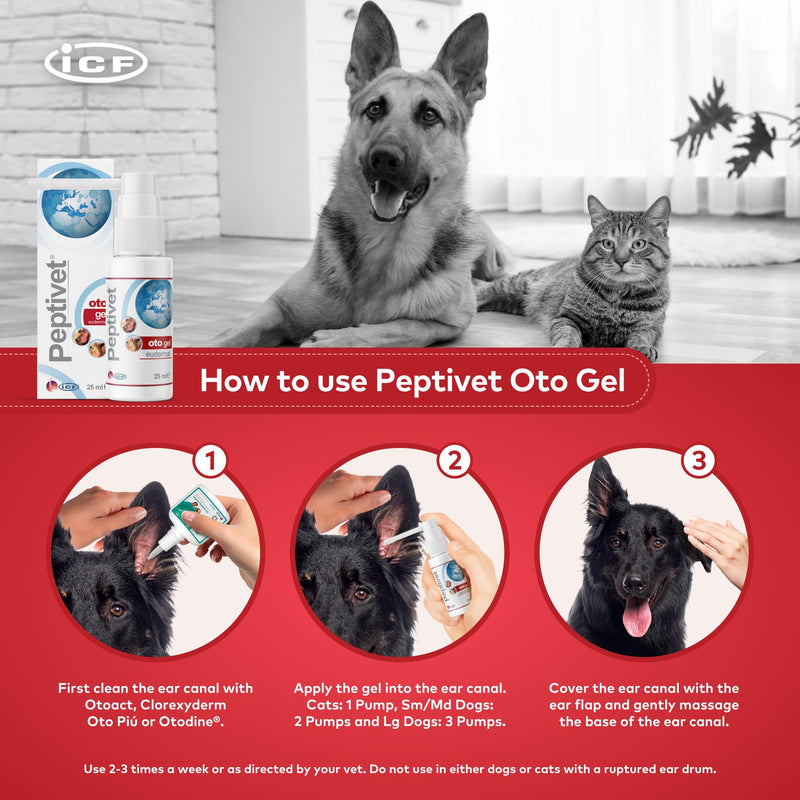 ICF | Peptivet OTO Gel Ear Cleaner Gel for Dogs & Cats | Antibacterial Anti-fungal Yeast Management | Red Itchy Skin Relief | Easy to Use | 25 ml