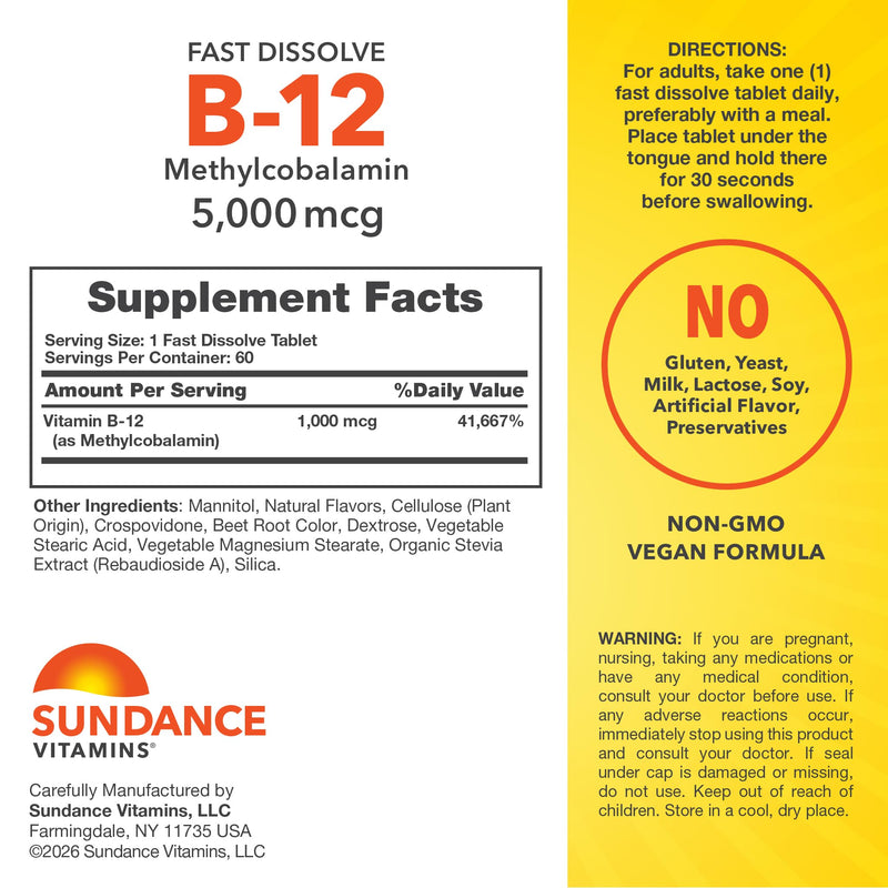Sundance Vitamin B12 1000 mcg | As Methylcobalamin | Sublingual Fast Dissolve Tablets | Berry Flavor | Vegetarian, Non-GMO & Gluten Free Supplement 60 Count (Pack of 1)