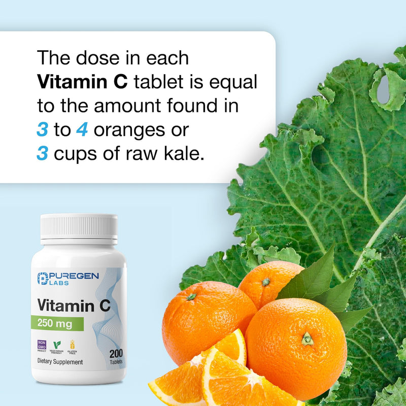 Puregen Labs Vitamin C 250 MG Supports a Healthy Immune System & Antioxidant Protection | Non-GMO | Gluten Free - 200 Tablets 1