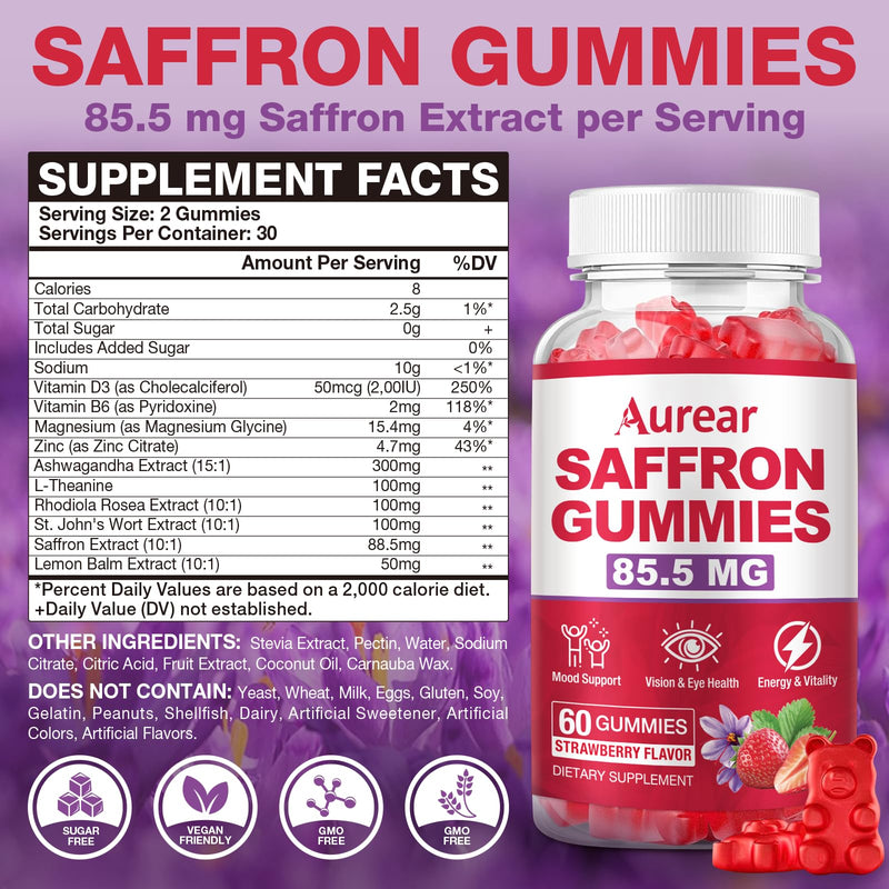 2 Pack Saffron Gummies, 10-in-1 Saffron Supplement, Contains 88.5 mg of Saffron Extract, Mood & Sleep Support, Sugar-Free, Strawberry Flavor, 120 Count