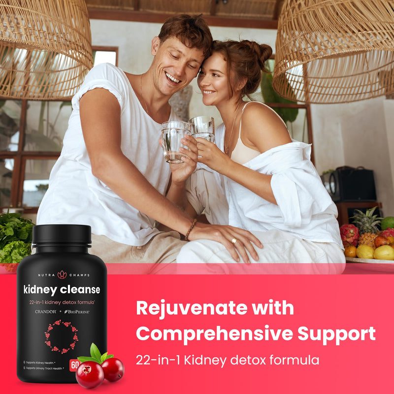 NutraChamps Kidney Cleanse Detox | 22-in-1 Kidney Support Supplement | Cranberry Pills Extract | Extra Strength & Flush Premium Formula | Urinary Tract Health for Women & Men | 60 Vegan Capsules