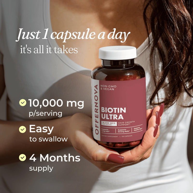 Offernova Biotin Ultra - Vitaminas para el Cabello con Biotina - Pastillas para Crecimiento del Pelo y Barba | Fortalece el Pelo Piel y Unas - 120 Tabletas