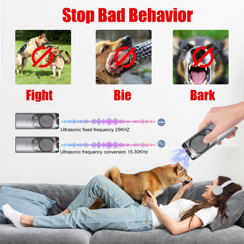 Dog Bark Deterrent Device,Anti Barking Device，Rechargeable Ultrasonic Dog Bark Deterrent Device With HD Display & LED Flashlight，Portable Dog Training Devices Safe for Indoor & Outdoor（GREY）
