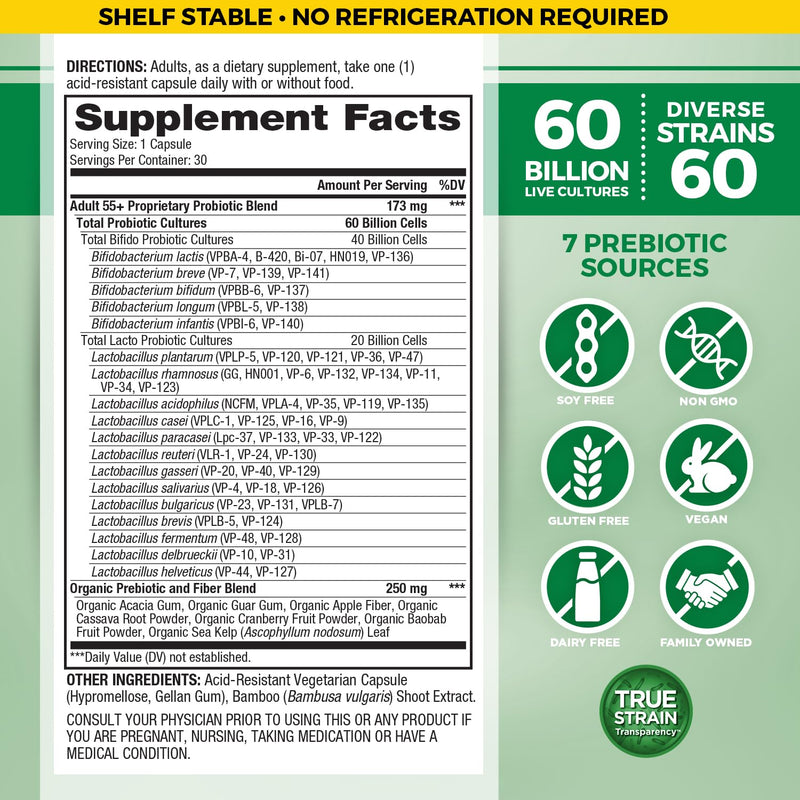 Vital Planet - Vital Flora Adults Over 55 Daily Probiotic 60 Billion CFU, Diverse Strains, Organic Prebiotics, Immune and Digestive Health Shelf Stable Probiotics for Women and Men, 30 Capsules