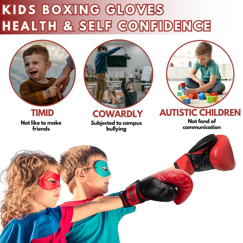 3-in-1 Boxing Gloves and Punching Mitts Set for Kids, Boxing Mitts Focus Pads with Hand Wraps for Kid, Youth Leather Punching Equipment Gloves Set for MMA, Karate, Muay Thai, Taekwondo Red