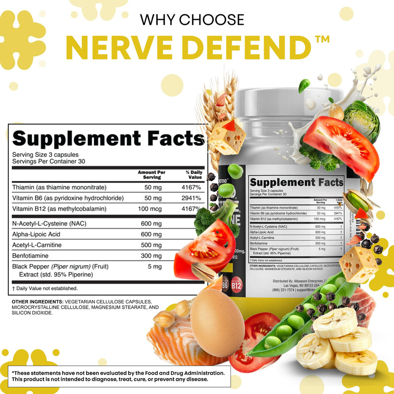 Alpha Lipoic Acid 600mg N-Acetyl Cysteine 600mg Acetyl L-Carnitine 500mg Benfotiamine 300mg - Nerve Support Supplement for Women and Men with Vitamin B1 B6 & B12 - Made in USA 90 Caps 90 Count (Pack of 1)
