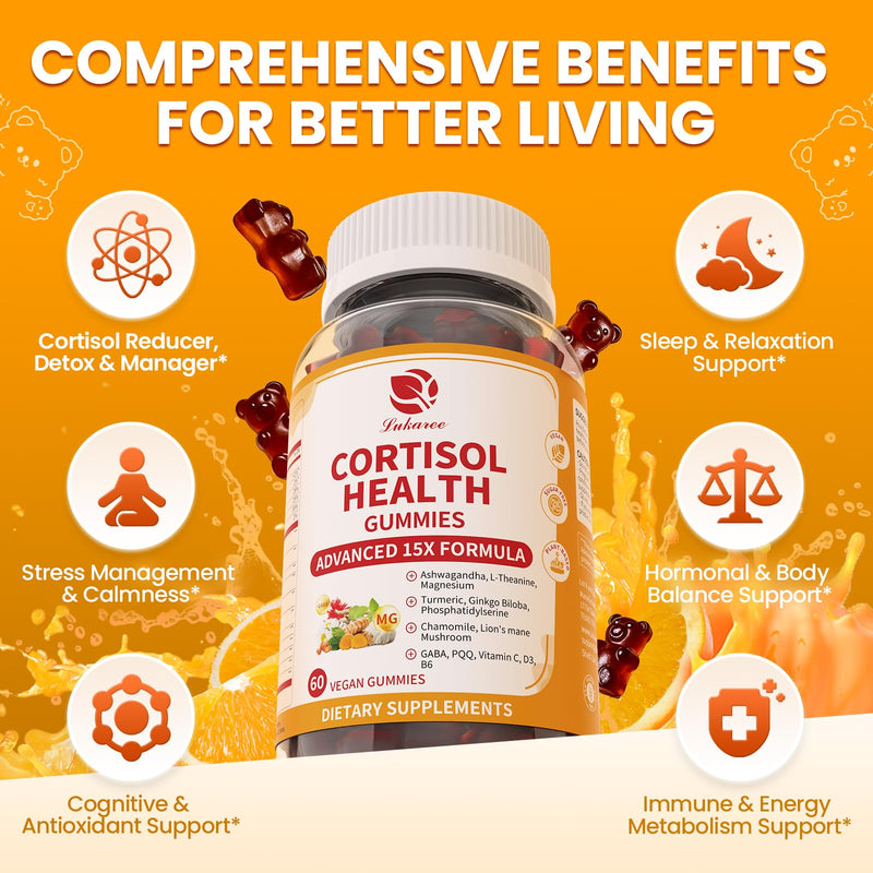 Lukaree Cortisol Supplements for Women & Men, 15 in 1 Cortisol Reducer Manager, Cortisol Calm Gummies with Ashwagandha, Magnesium, L-theanine, GABA - for Mood, Focus, Sleep - Vegan Sugar Free, 60 Ct. Orange 60 Count (Pack of 1)