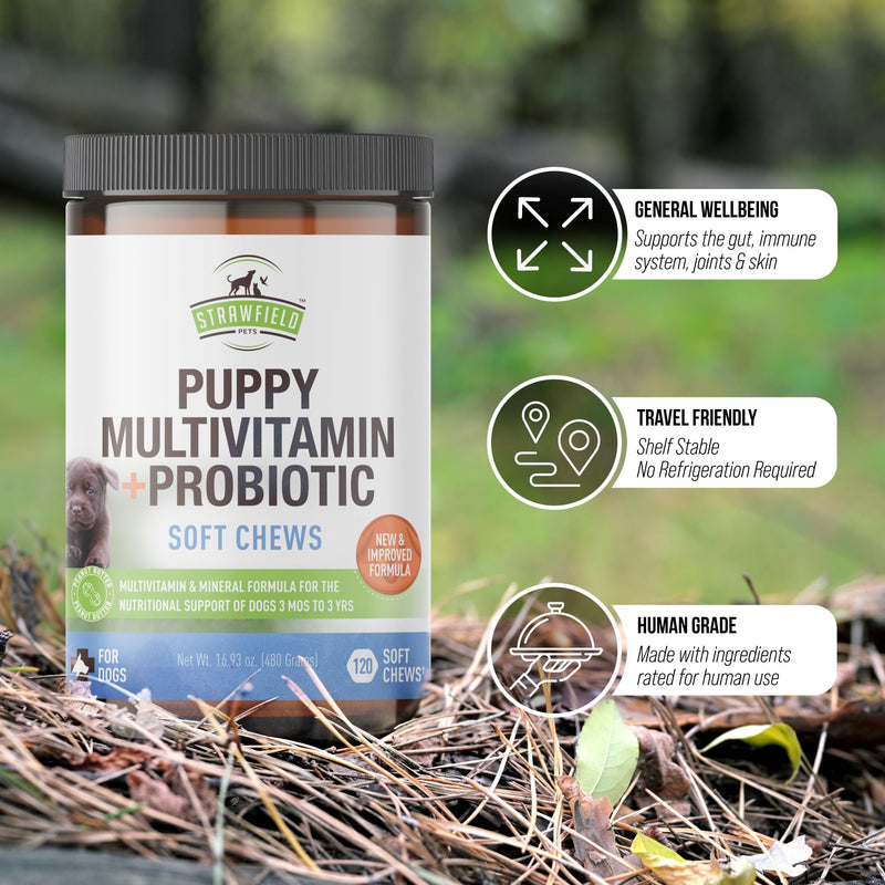 Strawfield Pets Puppy Multivitamin + Probiotics for Dogs Puppy Vitamins with Joint Support Supplement for Dogs & Puppies Peanut Butter Flavor 120 Crumbly Soft Chews Mild Peanut Butter