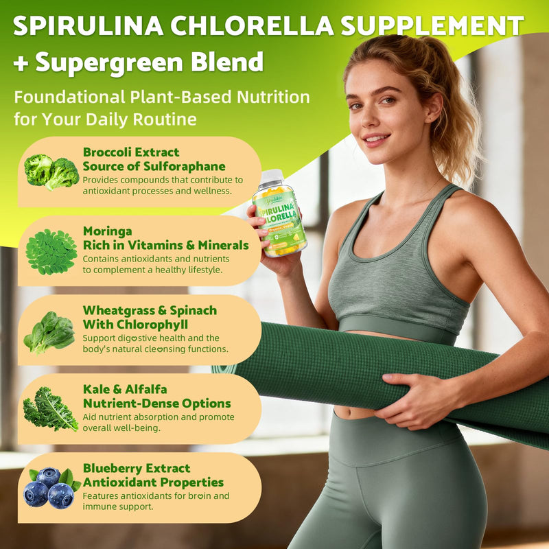 2 Pack Spirulina Chlorella Gummies, Supports Daily Energy & Immune System | Super Greens Blend with Protein, Chlorophyll, Vitamin C, D3, B12, Zinc, Pineapple Flavor, 120 Count 60 Count (Pack of 2)