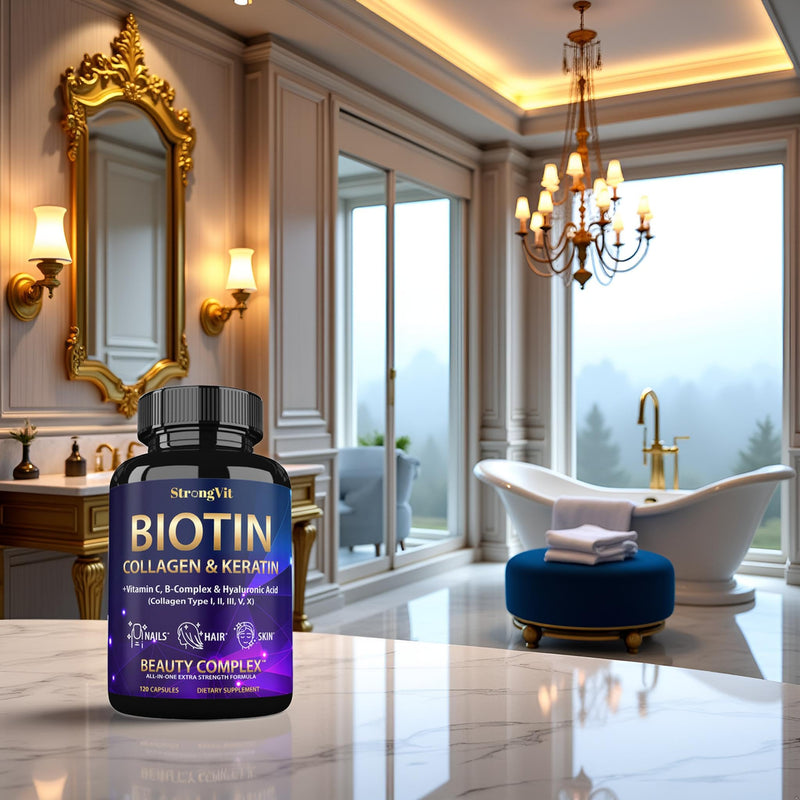 StrongVit Biotin with Hyaluronic Acid, Keratin and Collagen Supplements - 10000mcg for Hair Growth Women and Men - Hair Skin and Nails Vitamins - 120 Capsules 120 Count (Pack of 1)