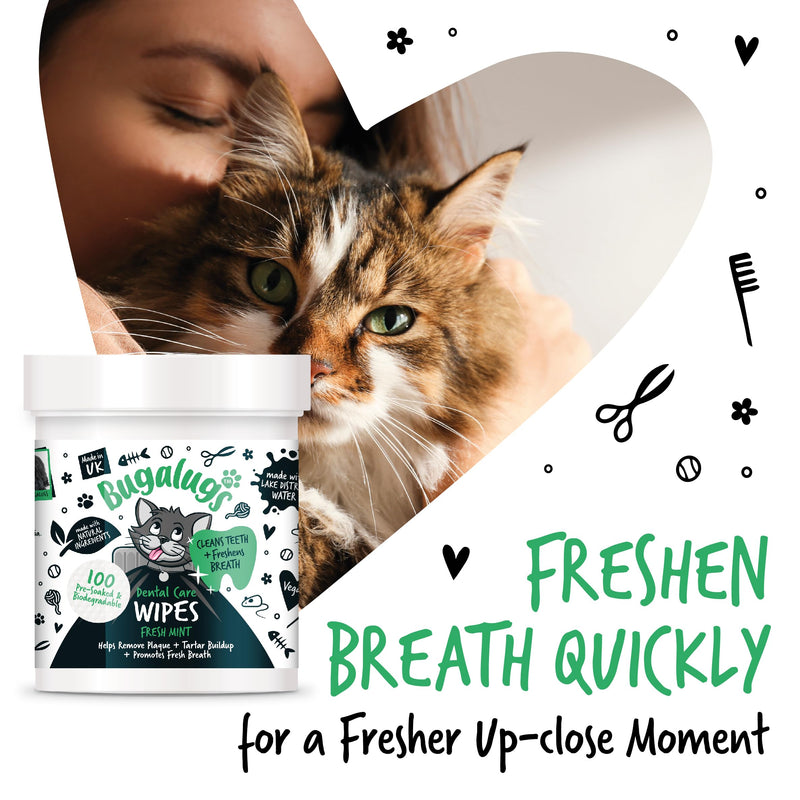 BUGALUGS Cat Breath Freshener Cat Teeth Wipes - Cat Plaque Remover Cat Wipes & tartar remover for teeth. Cat Teeth Cleaning Product No Cat Toothbrush And Paste Brushing Needed (Cat 100 Wipes)