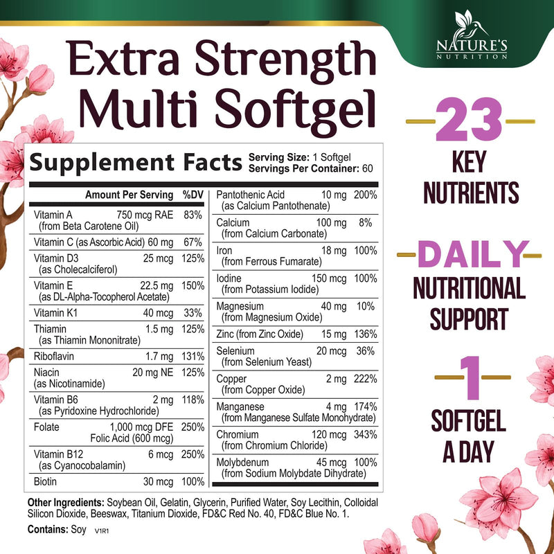 Multivitamin for Women - Complete Daily Womens Multivitamins with Calcium, Folic Acid, Vitamin A, C, D, E, & B Vitamins, Zinc and Iron - Vitamins for Bone, Energy & Immune Support - 60 Softgels 60 Count (Pack of 1)