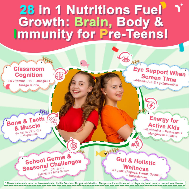 Nextdia Multivitamin Gummies with Iron for Teen Boys Girls 12-17, Kids/Children & Teenagers Ages 10–19 Vitamins w/Omega 3, Magnesium + Zinc, Multi-Minerals for Adolescent Brain, Bone, Energy, Immune