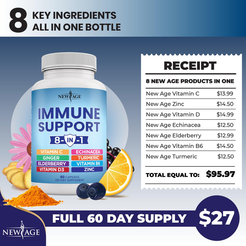NEW AGE 8 in 1 Immune Support Booster Supplement with Echinacea, Vitamin C and Zinc 50mg, Vitamin D 5000 IU, Turmeric Curcumin & Ginger, B6, Elderberry 60 Count (Pack of 1) 60 Capsules (Pack of 1)