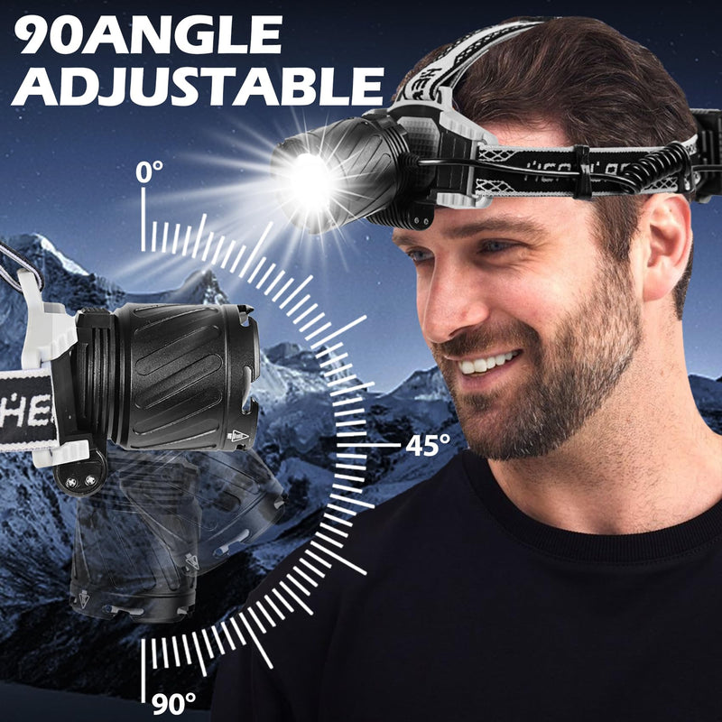 Aikertec Rechargeable Headlamp 3000 LM Super Bright, LED Headlamp 80H Runtime, 4 Modes & Zoomable IPX6 Waterproof, Red Light Headlamp for Camping, Fishing, Running Black