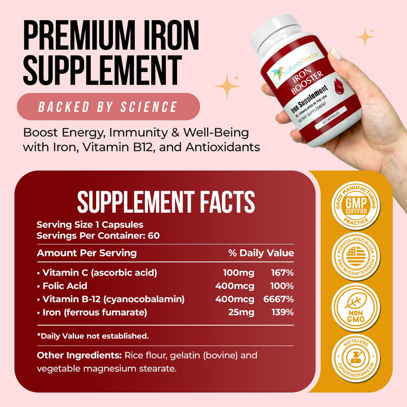 Nature's Nectar Blood Builder Iron Supplement for Men & Women – Slow Release Non-Constipating Iron Capsules with Vitamin B-12, Folic Acid & Vitamin C – Supports Red Blood Cell Production 60 Capsules