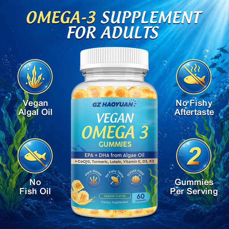 Vegan Omega 3 Gummies 1200mg for Adults Marine Algae Omega 3 Supplement EPA 600mg DHA 400mg, Vitamin D3, K2, No Fish Taste, for Brain, Eye, Immune Health, Sugar Free, 60 Cts Orange 60 Count (Pack of 1)