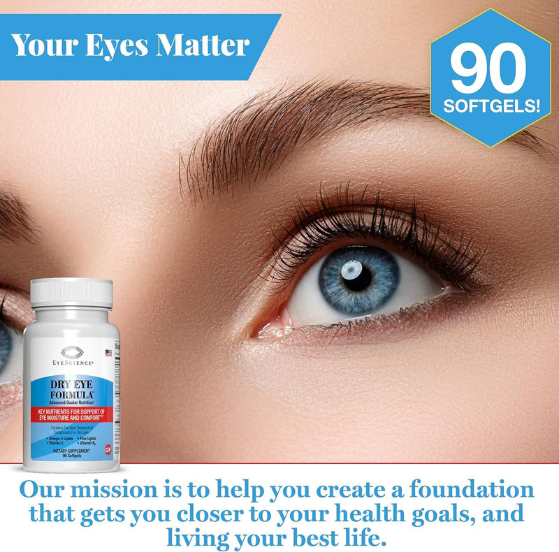 EyeScience - Dry Eye Formula - 90 Softgels - for Relief, Omega-3, Vitamins E, C & B6, Magnesium - Tear Production & Lasting Comfort - 2 Pack 90 Count (Pack of 2)