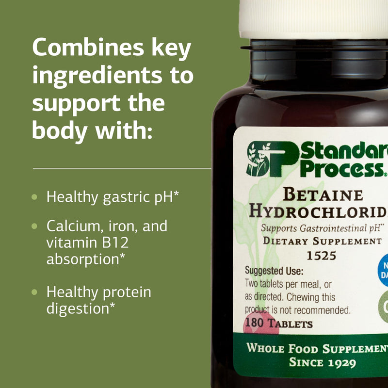 Standard Process Betaine Hydrochloride GI pH Support, 180 Tablets | Supplement for Gastrointestinal pH Support, Support Digestive Health and Iron Absorption, Gluten-Free, Non-Dairy and Non-Soy