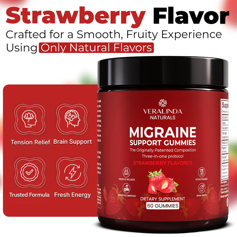 Veralinda Migraine Gummies – Original Triple Protocol Formula, 60 Gummies with Magnesium, Riboflavin B2 & Feverfew – Natural Brain Health Supplement for Migraine Wellness Support for Women & Men