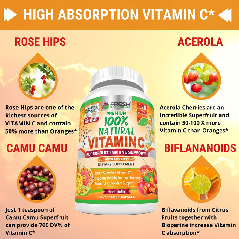 Fresh Healthcare Vitamin C 500mg Capsules, Whole Food Natural Supplement from Rose Hips, Acerola Cherry and Camu Camu with Citrus Bioflavonoids and BioPerine for Immune Support, 120 Vegan Pills