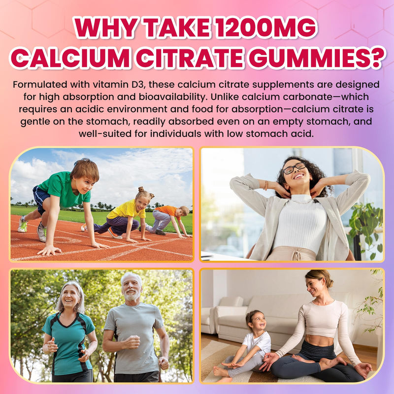 Calcium Citrate Gummies - 1200mg Calcium Gummies Supplements for Women & Men with Vitamin D3, K2, Magnesium, Zinc High Absorption for Bone, Muscle & Immune Support, Fruit Flavor, 120 Count Mixed Fruit 60 Count (Pack of 2)