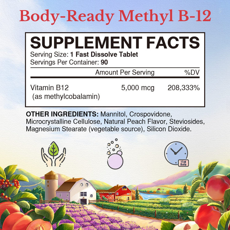 Vitalitown Vitamin B12 (Methyl B12) 5000 mcg, Fully Bioactive Form, Support Energy Production, Natural Peach Flavor, Zero Sugar, 90 Fast Dissolve Tablets 90 Count (Pack of 1)