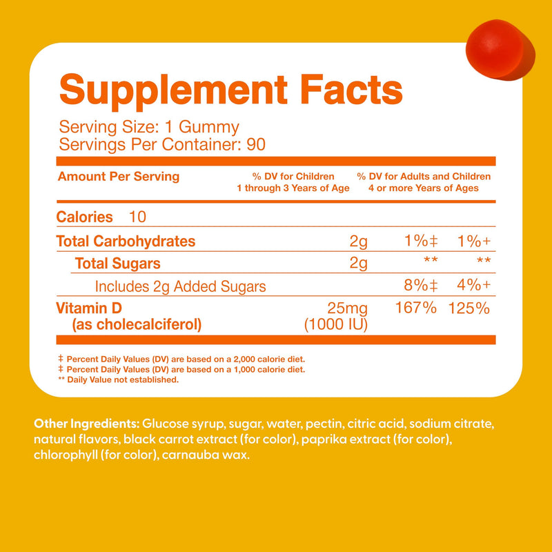 Feel Great Kids Vitamin D3 1000 IU Gummies, Bone & Immune Support, 90ct | Vitamin D3 for Immune & Bone Support, Citrus Flavor, Vegetarian Gummy, Year-Round Sunshine Nutrient Kids Vitamin D 90