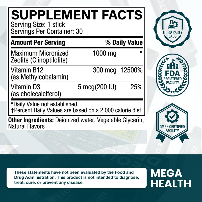 MEGA HEALTH Natural Zeolite Detox Sticks – Zeolite Detox Cleanse with Vitamin B12 & D3 | Simple Parasite Cleanse & Liver Detox Support for Humans | Vegan, Non‑GMO, 30-Day Supply Dietary Supplement.