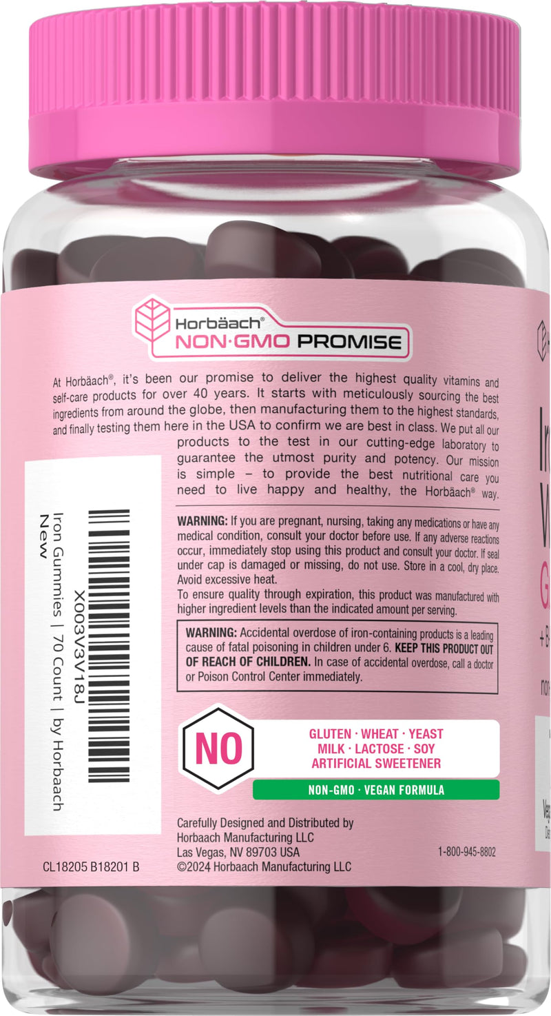 Horbäach Iron Gummies for Women | 70 Count | Grape Flavor | Supplement with B Vitamins Folate and Zinc | Vegan, Non-GMO & Gluten Free