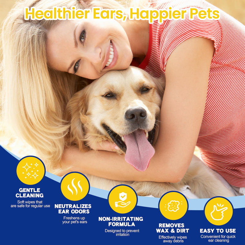 Pet Ear Cleaner Finger Wipes, Natural Ingredients Ear Finger Wipes for Dogs & Cats, Remove Ear Wax, Debris, Reduce Odor, Ear Itching & Inflammation, Unscented, Vet Formulated, 50 Count - BeesActive Australia