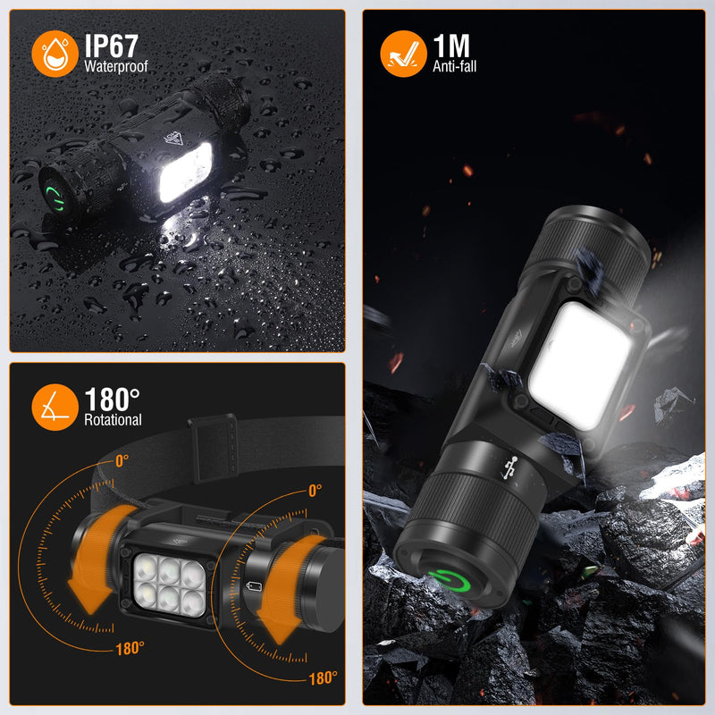 BORUIT HP360 LED Rechargeable Headlamp with White Green Red Light,Super Bright Head Lamp Flashlight,IP67 Waterproof,7 Working Modes,Suitable for Adults Running Camping Hiking Fishing HP360 Headlamp