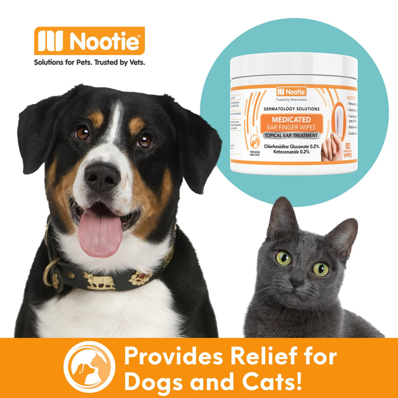 Nootie Medicated Ear Finger Wipes with Chlorhexidine for Dogs, Gentle Dog Ear Cleaning Wipes for Itchy, Sensitive Ears - Helps Remove Wax, Dirt Buildup, & Odor 80 Wipes - Made in USA