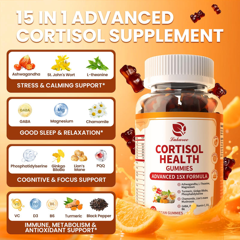 Lukaree Cortisol Supplements for Women & Men, 15 in 1 Cortisol Reducer Manager, Cortisol Calm Gummies with Ashwagandha, Magnesium, L-theanine, GABA - for Mood, Focus, Sleep - Vegan Sugar Free, 60 Ct. Orange 60 Count (Pack of 1)