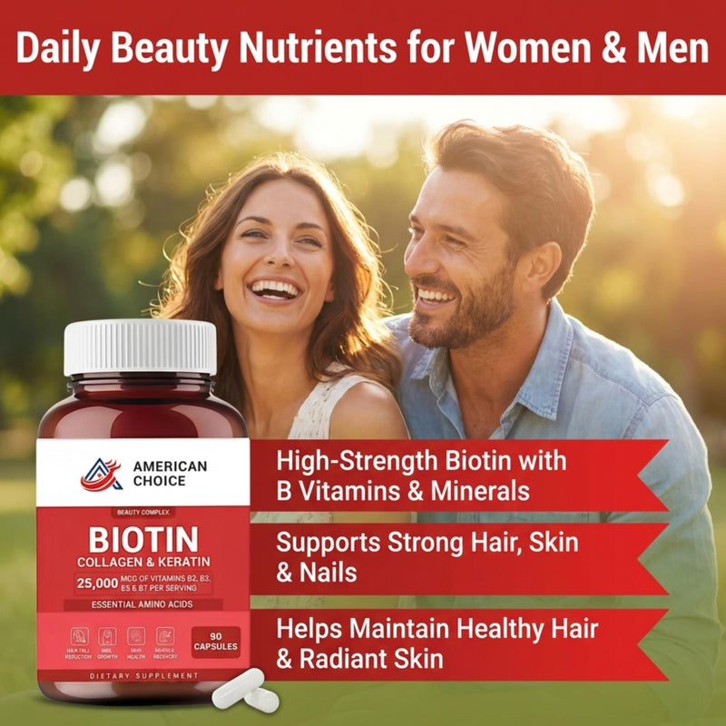 Biotin For Hair Growth Women & Men | Hair Skin and Nails Vitamins B2, B3, B5 and B7 - 25000 Mcg With Keratin Collagen Amino Acids and Minerals - Supports Stronger Nails, Healthy Skin - 90 Caps