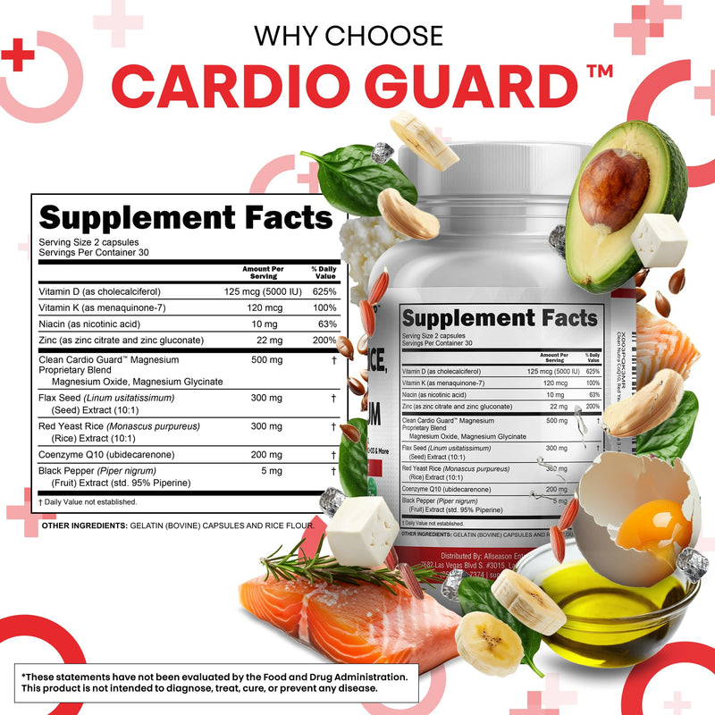 Clean Nutraceuticals COQ10 200mg Red Yeast Rice Flax Seed Magnesium Blend Niacin Zinc Vitamin K2 D3 - Heart Support Vitamins for Women & Men w/Vitamin B3, Coenzyme Q10-60 Ct (Pack of 2) 60 Count (Pack of 2)