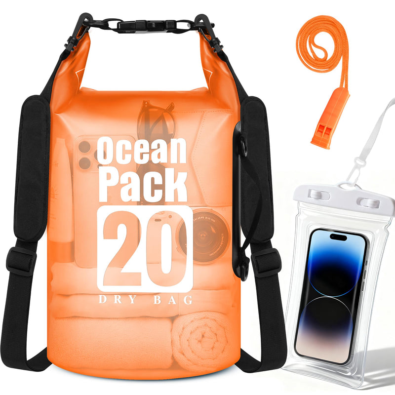 TILYMOL Dry Bag Waterproof, Roll Top Small Waterproof Backpack 20L, Floating Lightweight Bag with Water Proof Phone Pouch for Kayaking, Paddle Boarding, Boating, Fishing, Swimming Orange